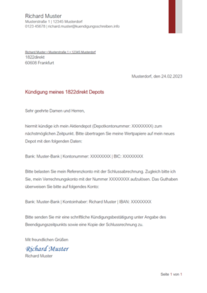 Kündigungsschreiben 1822direkt Depot: Muster & Vorlage