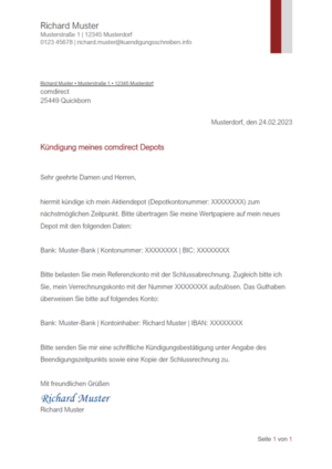 Kündigungsschreiben comdirect Depot: Muster & Vorlage