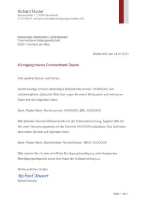 Kündigungsschreiben Commerzbank Depot: Muster & Vorlage