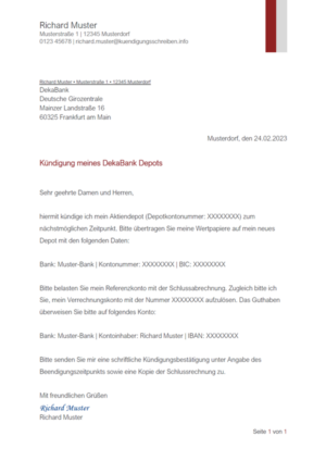 Kündigungsschreiben DekaBank Depot: Muster & Vorlage