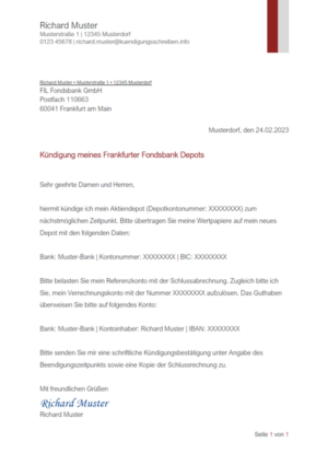 Kündigungsschreiben Frankfurter Fondsbank Depot: Muster & Vorlage