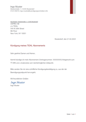 Kündigungsschreiben TIDAL Abo: Muster & Vorlage