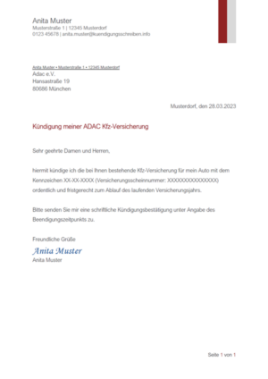 Kündigungsschreiben ADAC Kfz-Versicherung: Muster & Vorlage