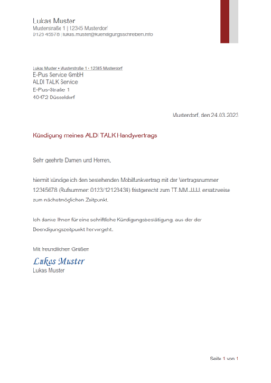 Kündigungsschreiben ALDI TALK Handyvertrag: Muster & Vorlage