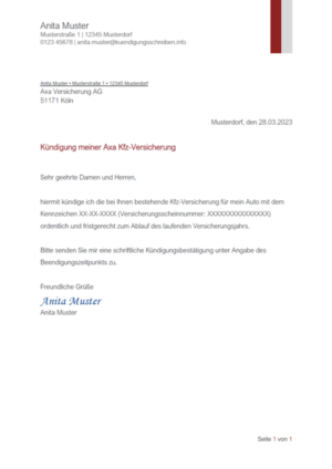 Kündigungsschreiben Axa Kfz-Versicherung: Muster & Vorlage