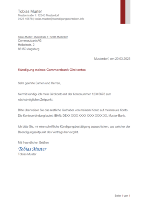 Kündigungsschreiben Commerzbank Girokonto: Muster & Vorlage