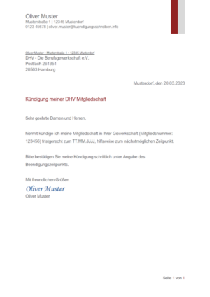 Kündigungsschreiben DHV Gewerkschaft: Muster & Vorlage