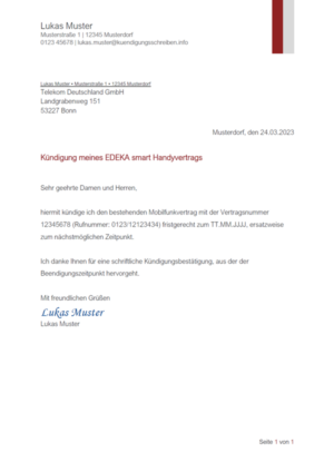 Kündigungsschreiben EDEKA smart Handyvertrag: Muster & Vorlage