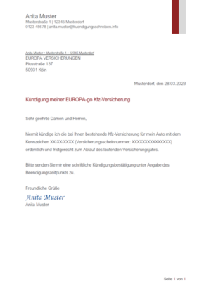 Kündigungsschreiben EUROPA-go Kfz-Versicherung: Muster & Vorlage