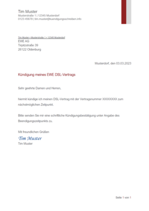 Kündigungsschreiben EWE DSL-Vertrag: Muster & Vorlage