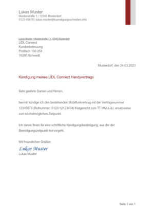 Kündigungsschreiben LIDL connect Handyvertrag: Muster & Vorlage