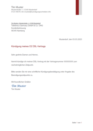 Kündigungsschreiben O2 DSL-Vertrag: Muster & Vorlage
