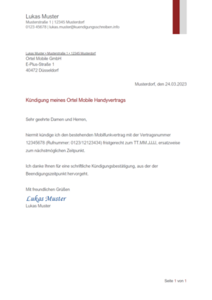 Kündigungsschreiben Ortel Mobile Handyvertrag: Muster & Vorlage