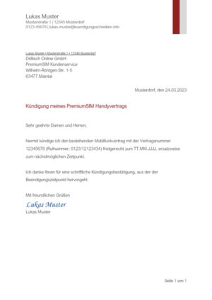 Kündigungsschreiben PremiumSIM Handyvertrag: Muster & Vorlage
