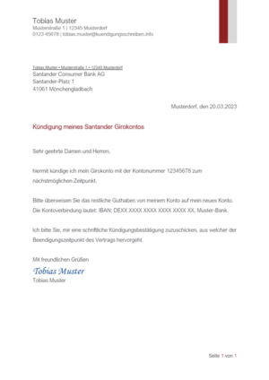 Kündigungsschreiben Santander Girokonto: Muster & Vorlage