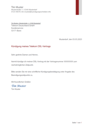 Kündigungsschreiben Telekom DSL-Vertrag: Muster & Vorlage