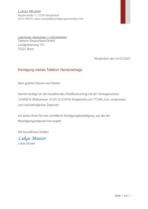 Kündigungsschreiben Telekom Handyvertrag: Muster & Vorlage
