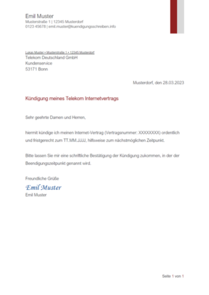Kündigungsschreiben Telekom Internet: Muster & Vorlage