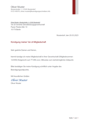 Kündigungsschreiben Ver.di: Muster & Vorlage