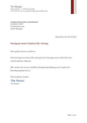Kündigungsschreiben Vodafone DSL-Vertrag: Muster & Vorlage