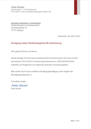 Kündigungsschreiben Württembergische Kfz-Versicherung: Muster & Vorlage