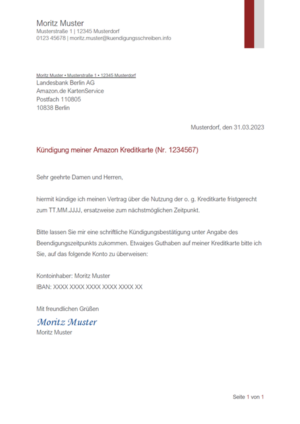 Kündigungsschreiben Amazon Kreditkarte: Muster & Vorlage
