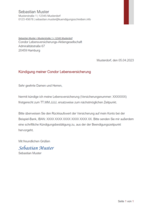 Kündigungsschreiben Condor Lebensversicherung: Muster & Vorlage