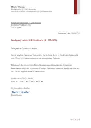 Kündigungsschreiben DKB Kreditkarte: Muster & Vorlage