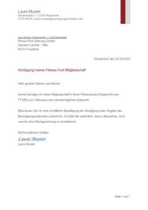 Kündigungsschreiben Fitness First: Muster & Vorlage