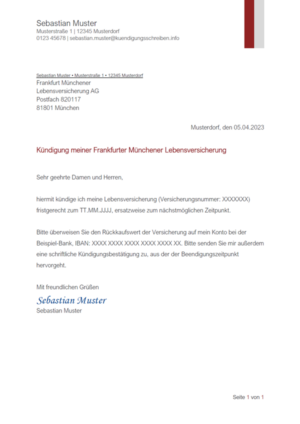 Kündigungsschreiben Frankfurter Münchener Lebensversicherung: Muster & Vorlage