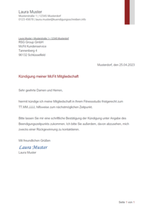 Kündigungsschreiben McFit: Muster & Vorlage