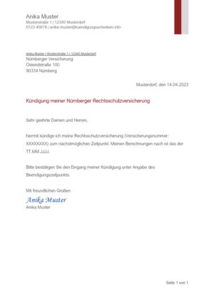 Kündigungsschreiben Nürnberger Rechtsschutzversicherung: Muster & Vorlage