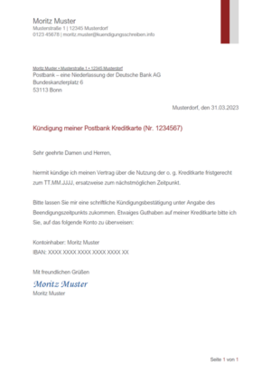 Kündigungsschreiben Postbank Kreditkarte: Muster & Vorlage