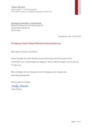 Kündigungsschreiben Roland Rechtsschutzversicherung: Muster & Vorlage