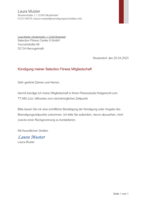 Kündigungsschreiben Selection Fitness: Muster & Vorlage