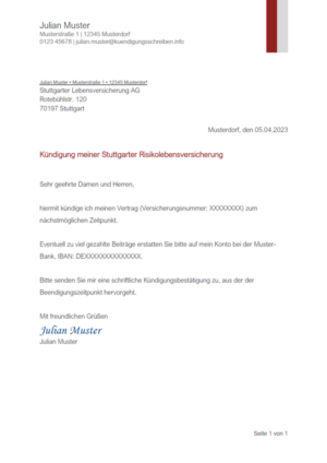 Kündigungsschreiben Stuttgarter Risikolebensversicherung: Muster & Vorlage