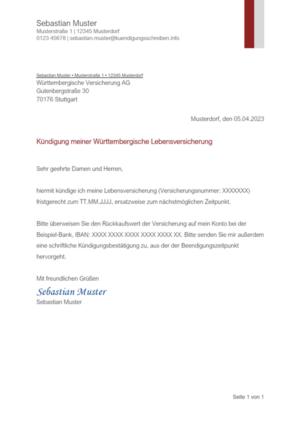 Kündigungsschreiben Württembergische Lebensversicherung: Muster & Vorlage