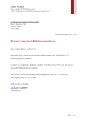 Kündigungsschreiben Zurich Risikolebensversicherung: Muster & Vorlage