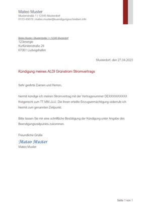 Kündigungsschreiben ALDI Grünstrom Strom: Muster & Vorlage