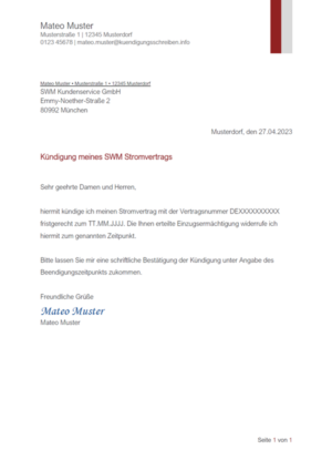 Kündigungsschreiben SWM Strom: Muster & Vorlage